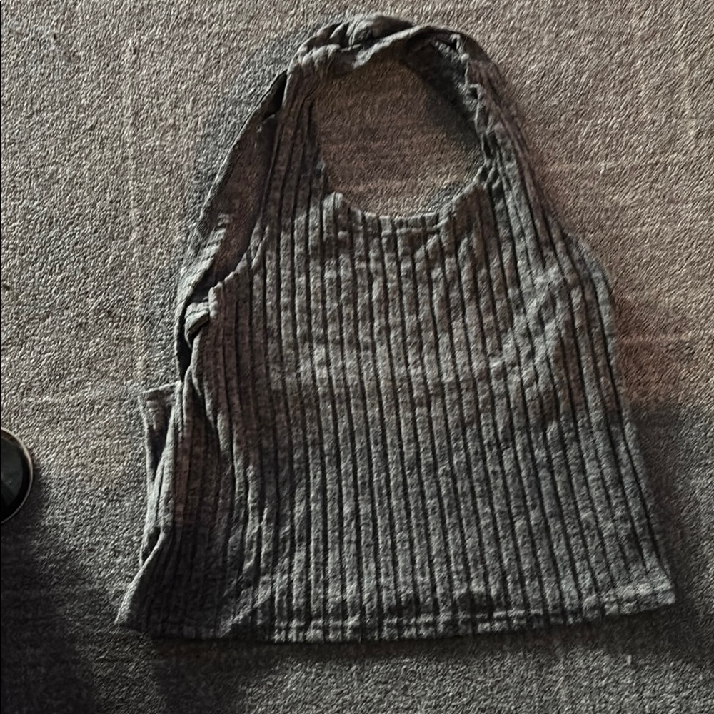 Gray Ribbed Knit Cross Back HalterTank Top